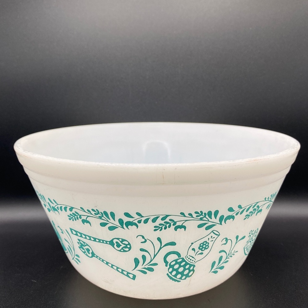 Federal Glass Bowl- white heatproof milk glass, MCM torqouise kitchenaid VTG USA